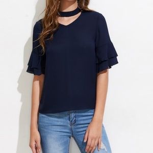 Navy Blue Choker Neck Fluted Sleeve Size M